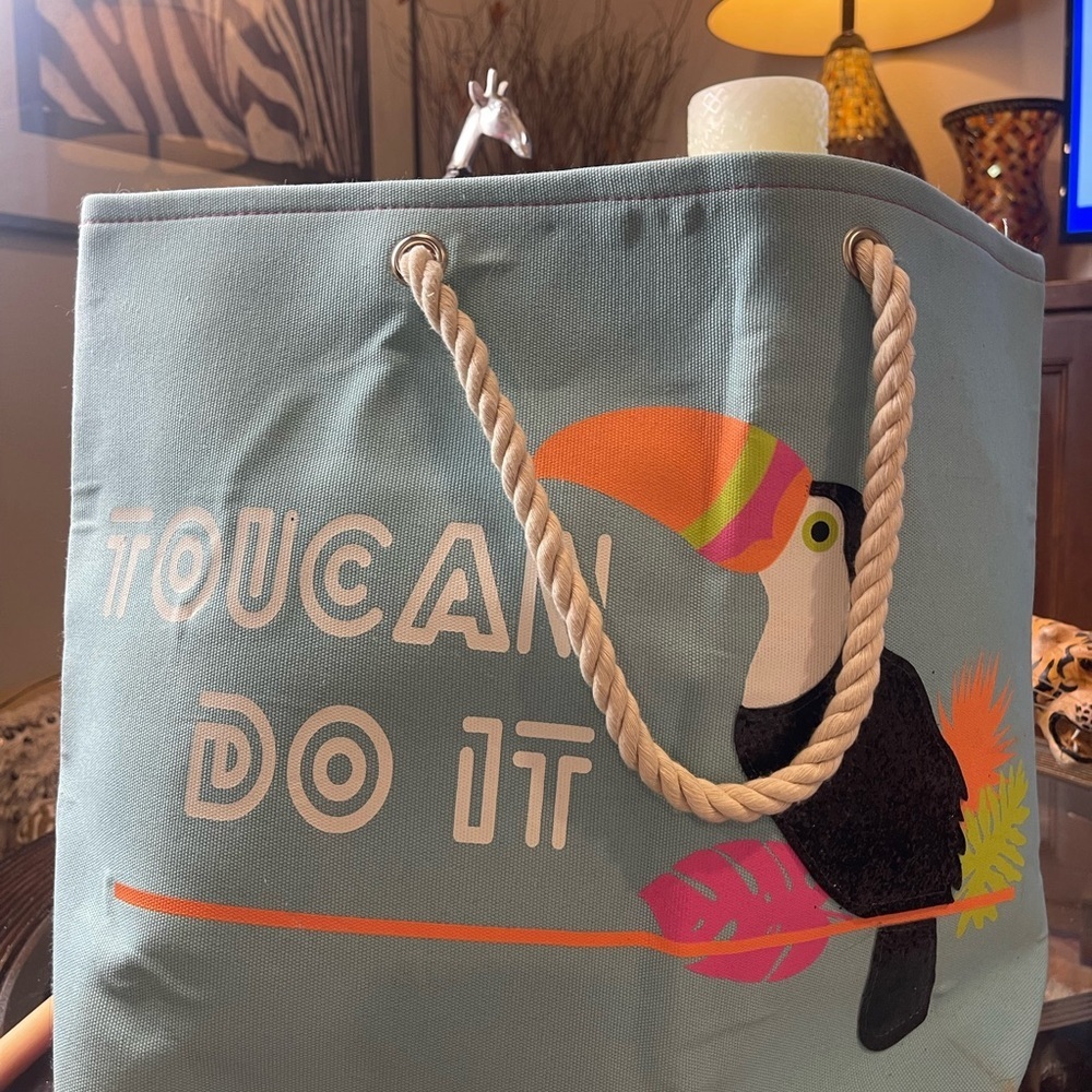 Toucan Do It Tropical Beach Tote Canvas Rope Handle Aqua Pink​​ - Picture 4 of 7